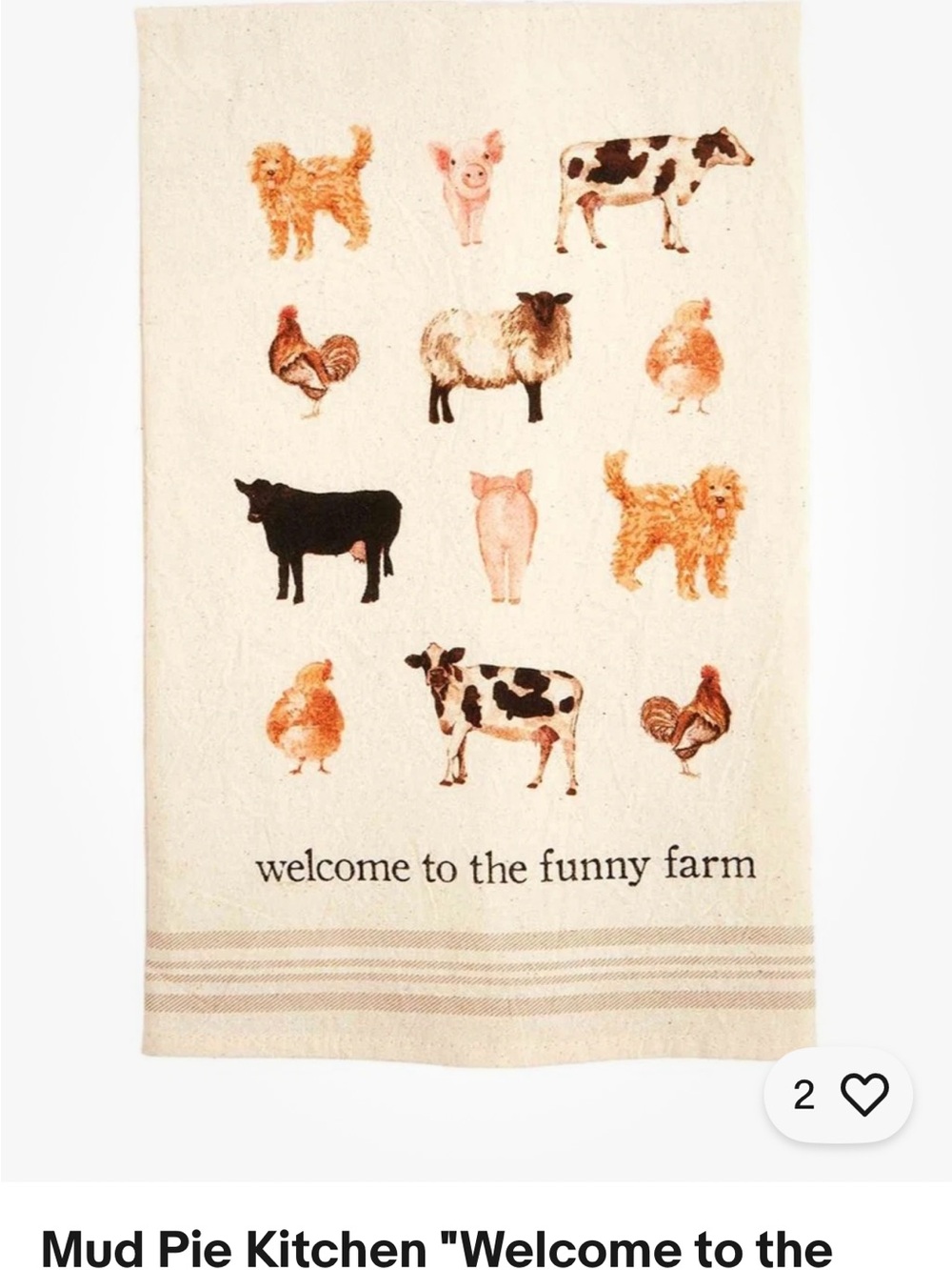 New Mud Pie Cream Kitchen Towel with Multi-Colored Farm Animal Motifs